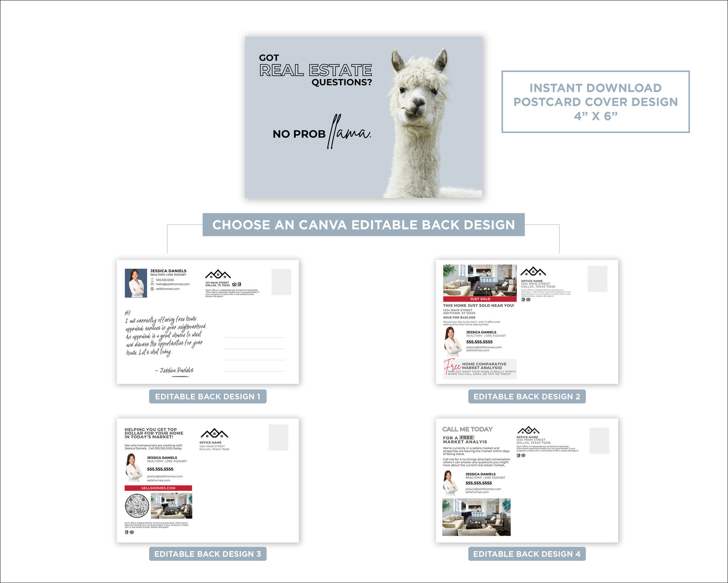 Got Real Estate Questions? No Probllama | Funny Real Estate Referral Postcard Download