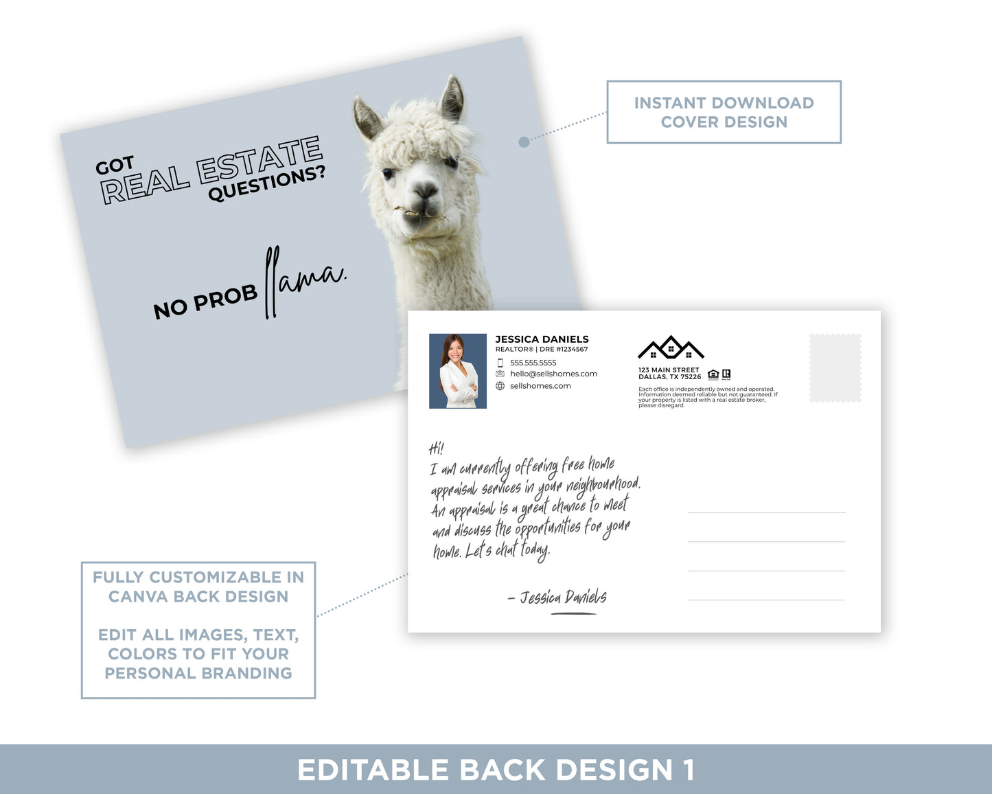 Got Real Estate Questions? No Probllama | Funny Real Estate Referral Postcard Download