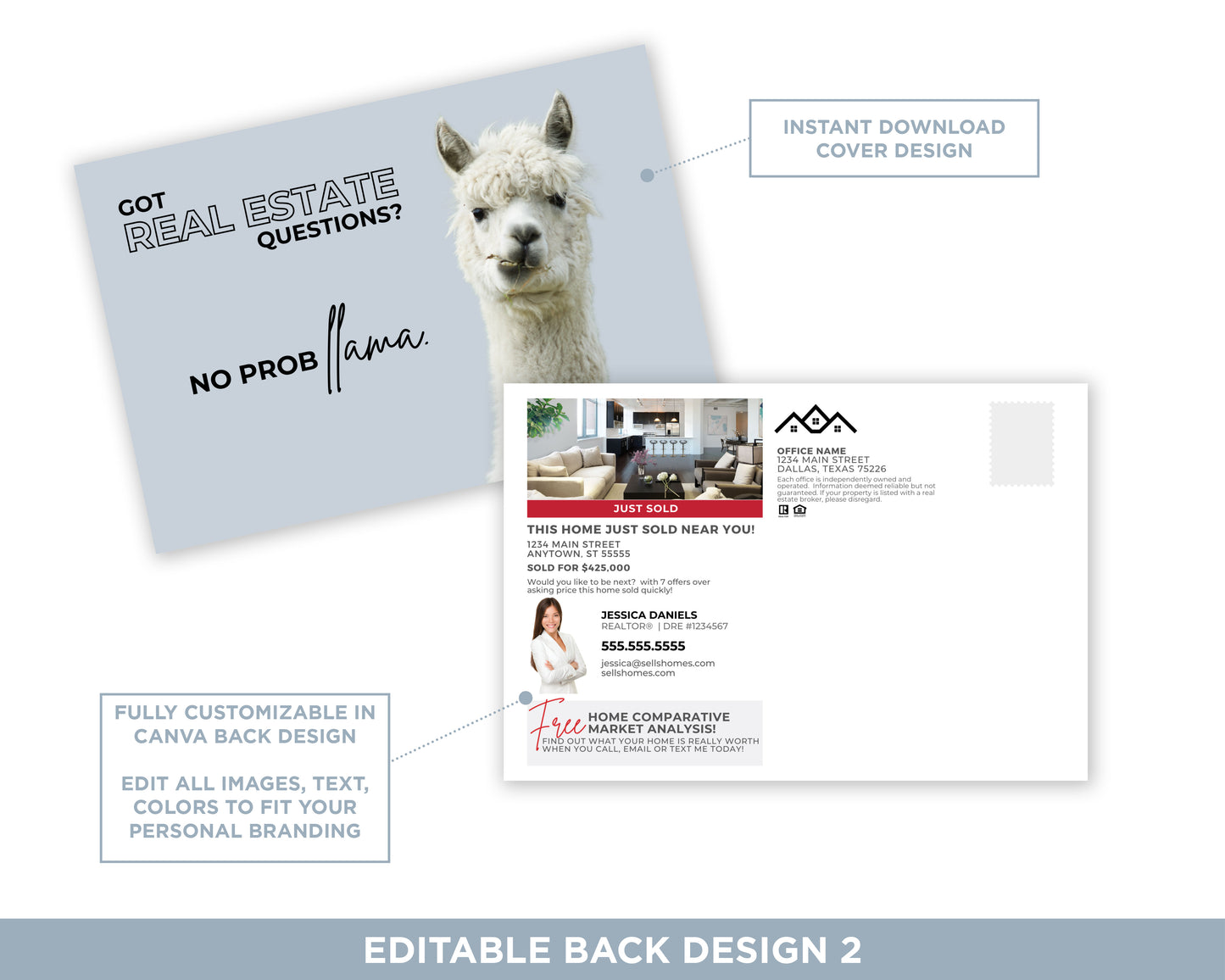 Got Real Estate Questions? No Probllama | Funny Real Estate Referral Postcard Download
