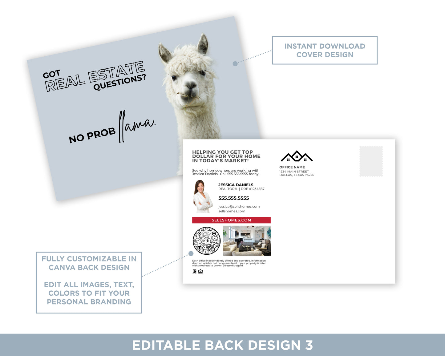 Got Real Estate Questions? No Probllama | Funny Real Estate Referral Postcard Download