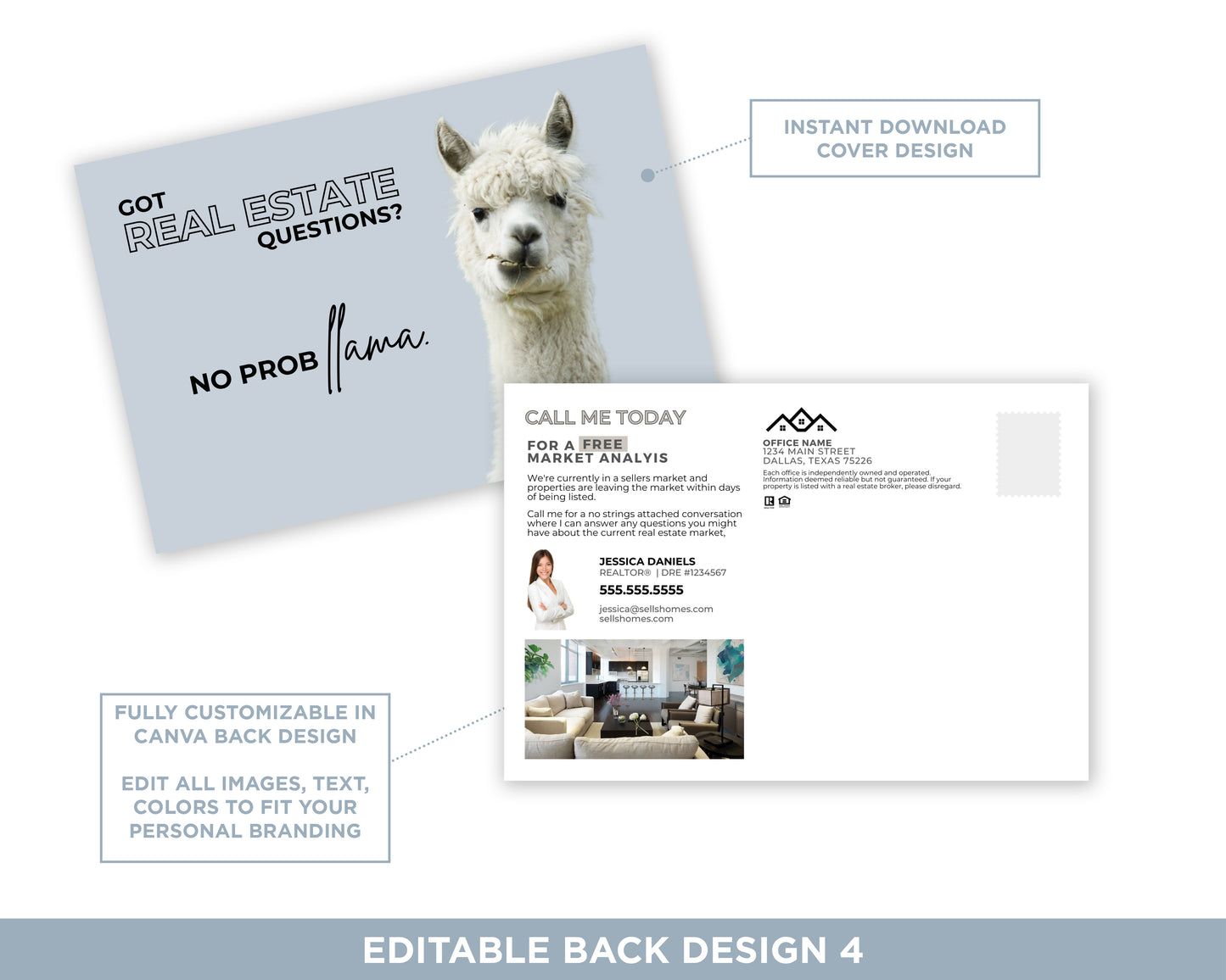 Got Real Estate Questions? No Probllama | Funny Real Estate Referral Postcard Download