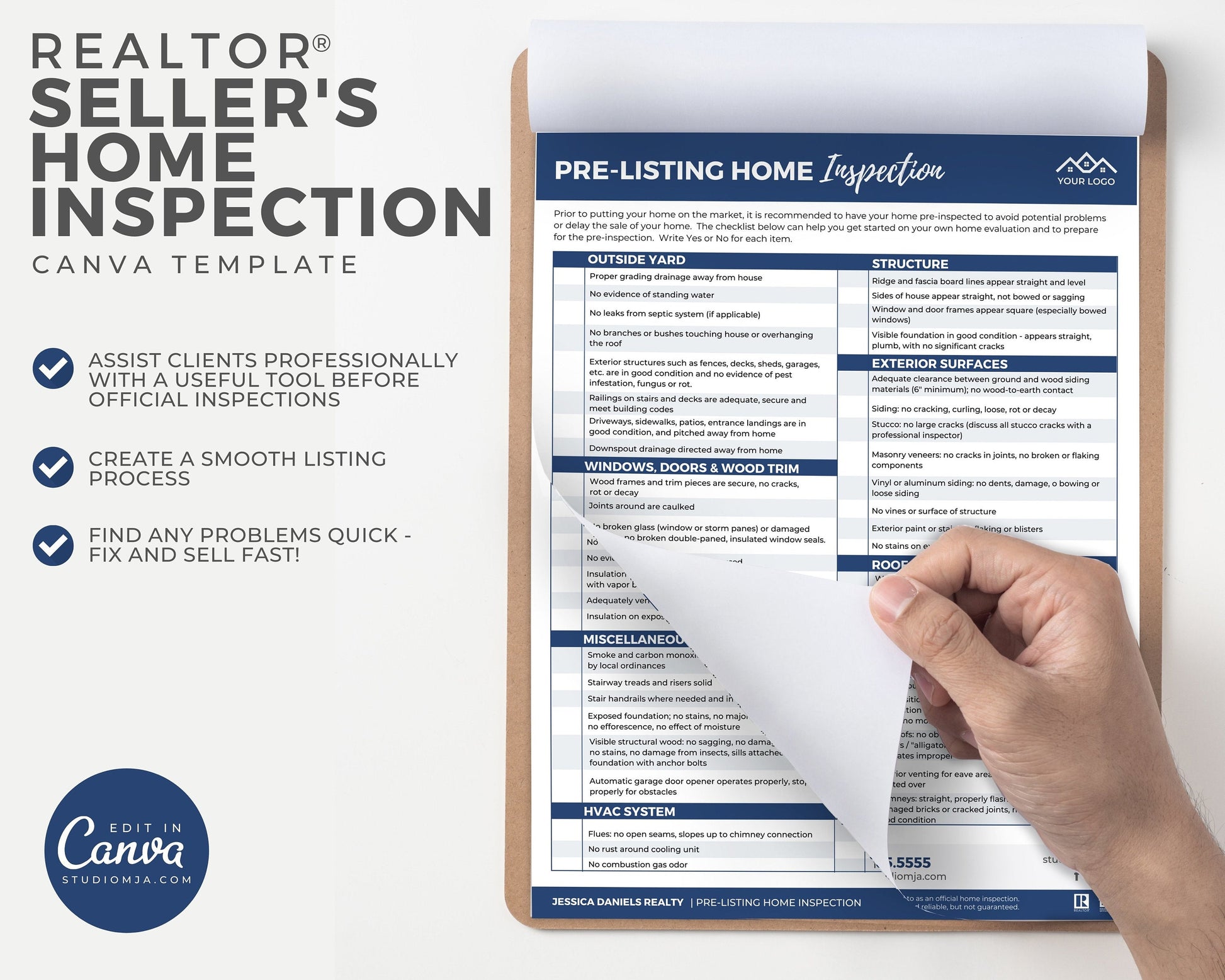Real Estate Home Inspection Checklist, Real Estate Marketing, Printable Checklist, Real Estate Seller's Guide, Canva Template, Logo