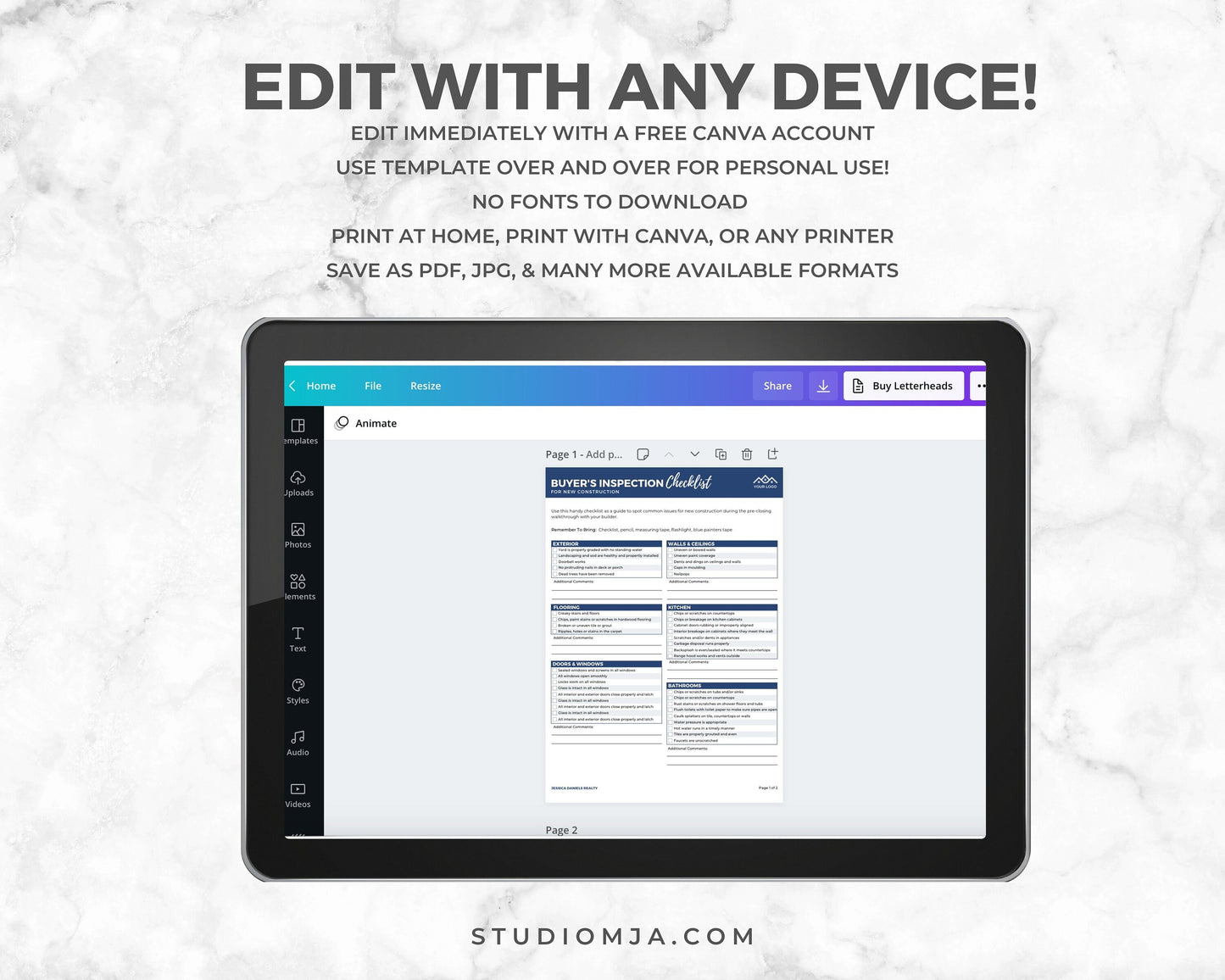 Real Estate Buyer New Construction Inspection Checklist, Real Estate Marketing, Printable Checklist, Buyer Packet, Canva Template, Realtor