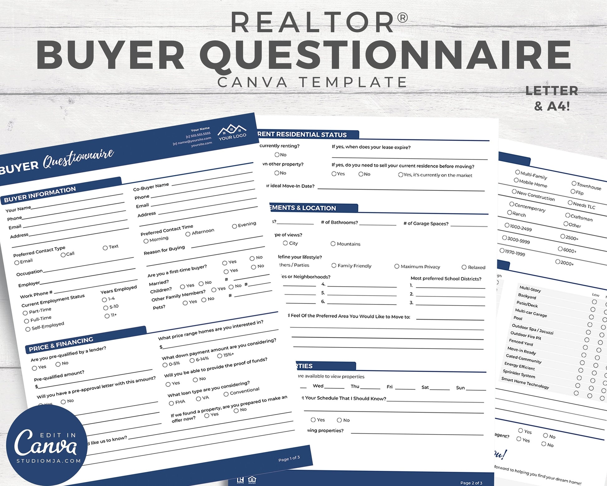 Real Estate Home Buyer's Questionnaire, Seller Questionnaire, Printable, Real Estate Buyer's Guide, Canva Template, Buyer's Checklist