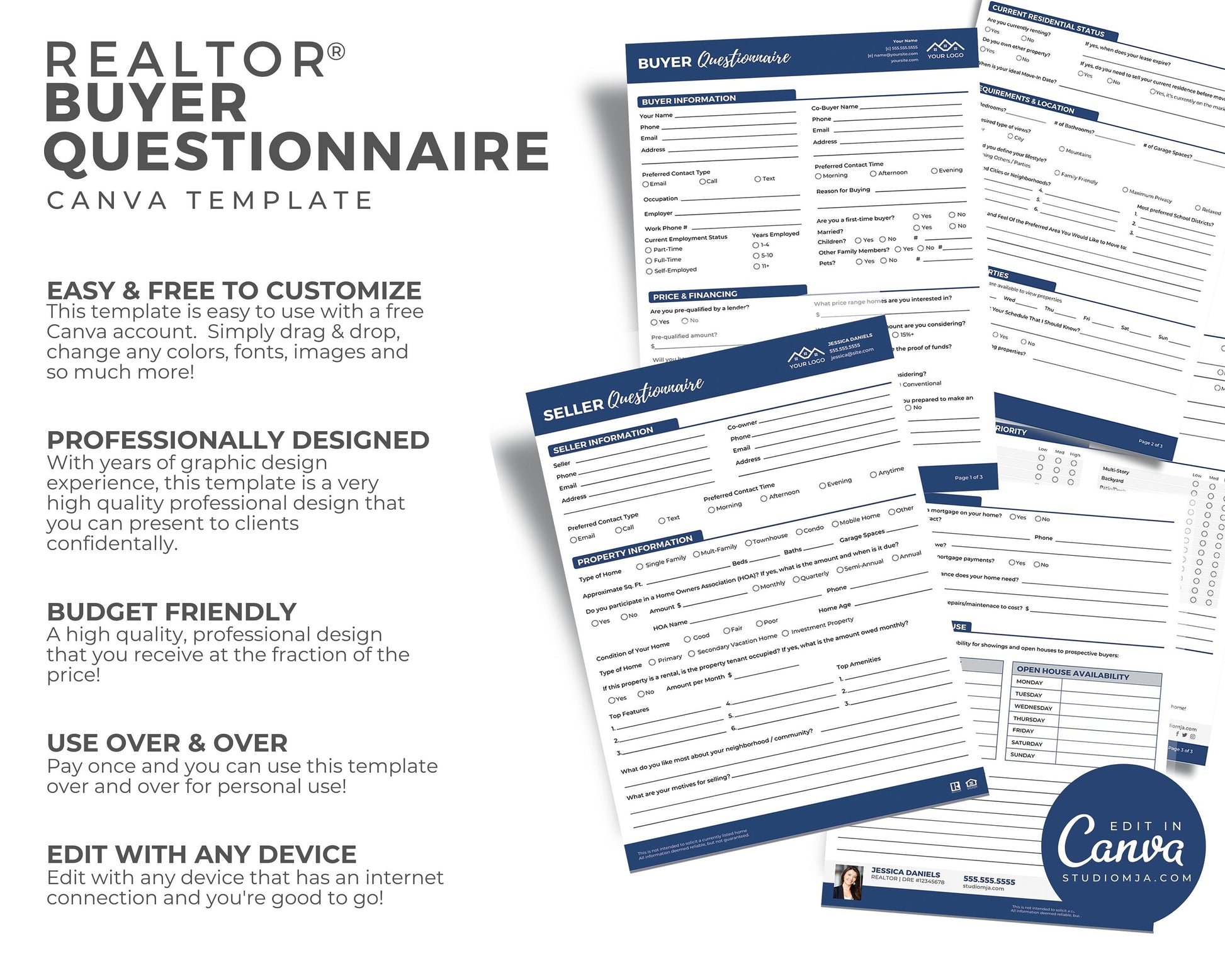 Real Estate Home Buyer's Questionnaire, Seller Questionnaire, Printable, Real Estate Buyer's Guide, Canva Template, Buyer's Checklist