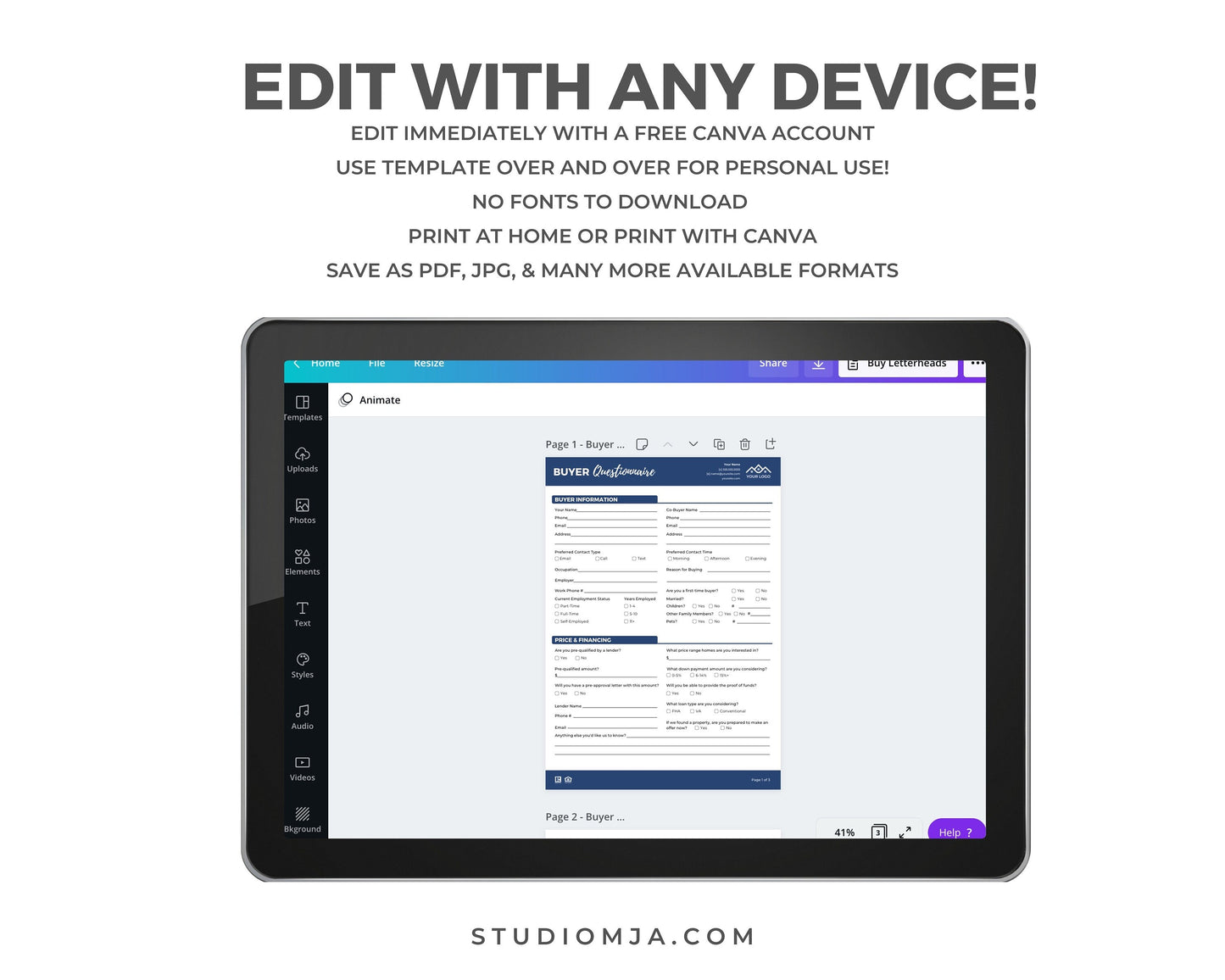 Real Estate Home Buyer's Questionnaire, Seller Questionnaire, Printable, Real Estate Buyer's Guide, Canva Template, Buyer's Checklist