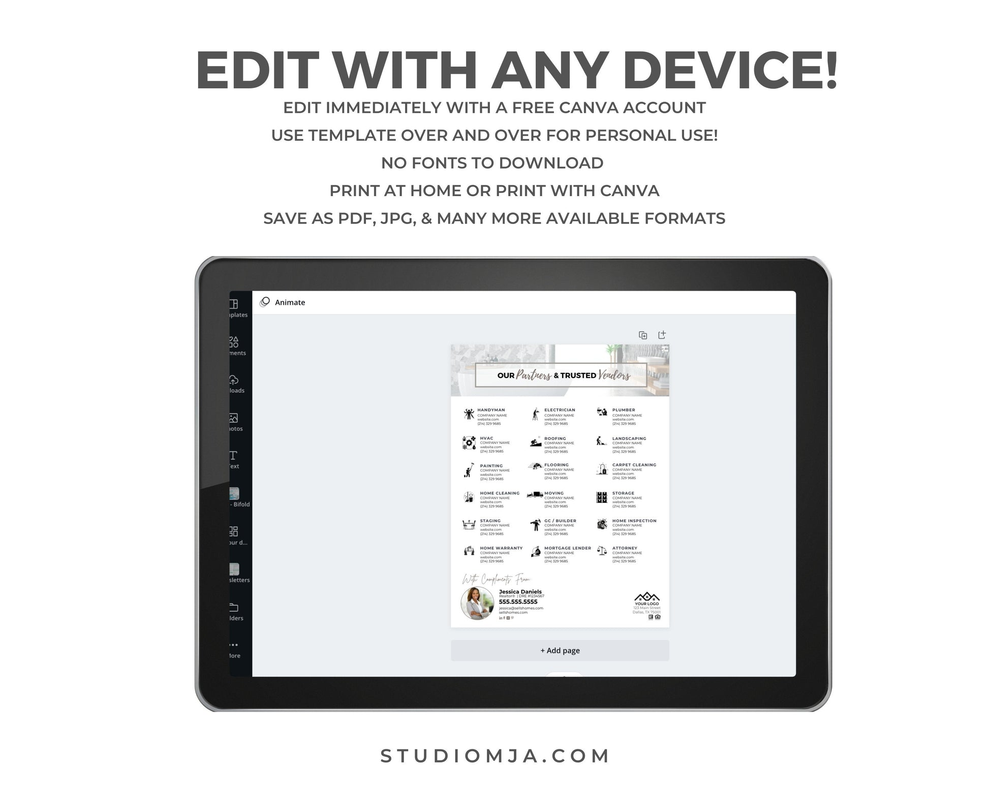 Real Estate Vendor List,Realtors Referral Template, Trusted, Preferred Vendors, Real Estate Marketing | Editable Buyer, Seller Tools, Canva