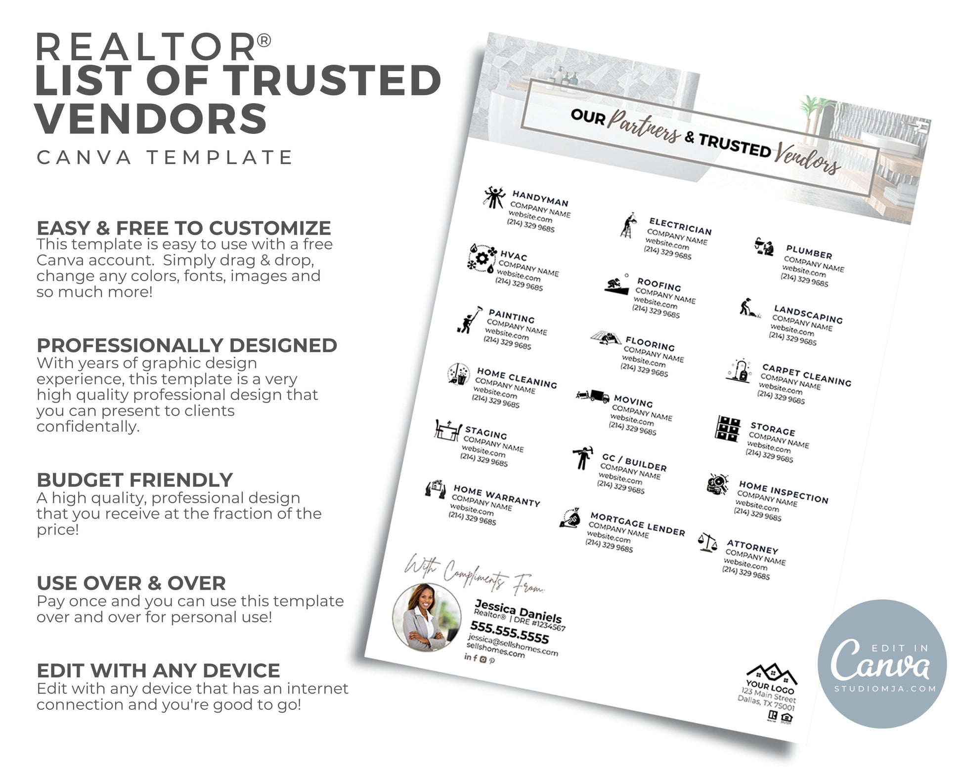 Real Estate Vendor List,Realtors Referral Template, Trusted, Preferred Vendors, Real Estate Marketing | Editable Buyer, Seller Tools, Canva