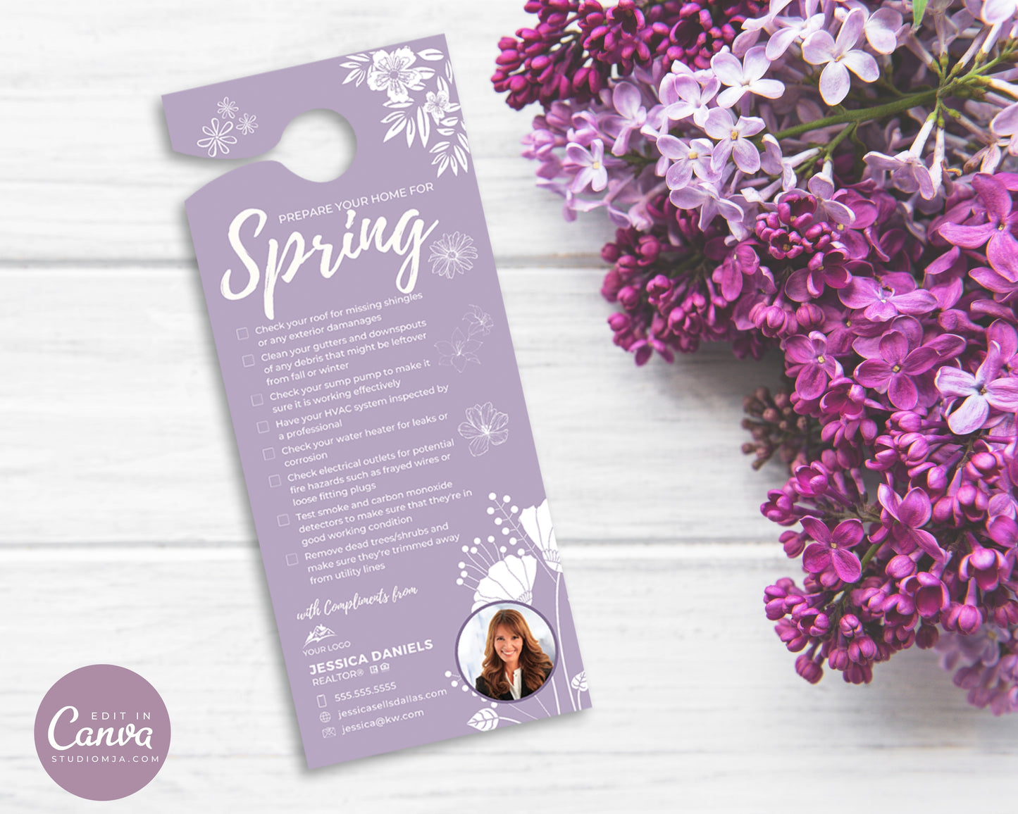 realtor door hanger in a lilac shade with home maintenance, laying on a wood background with purple flowers.