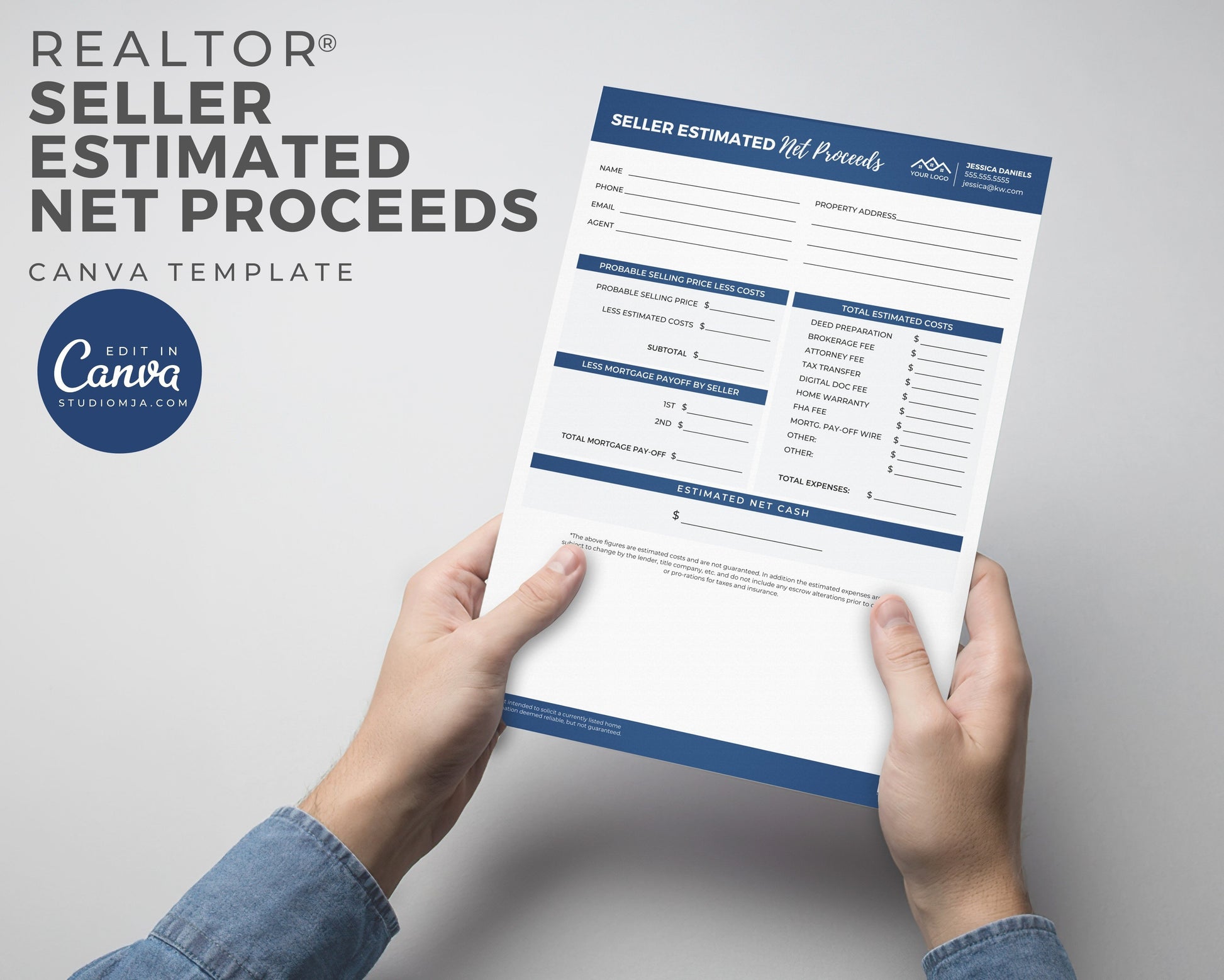 estimated net proceeds canva template for real estate agents.  A mockup featuring a blue and white form with black text and gray colored boxes.   Probable selling price less costs, total estimated costs, less mortgage payoff by seller, estimated net cash.  Hands holding flyer with blue sleeves.