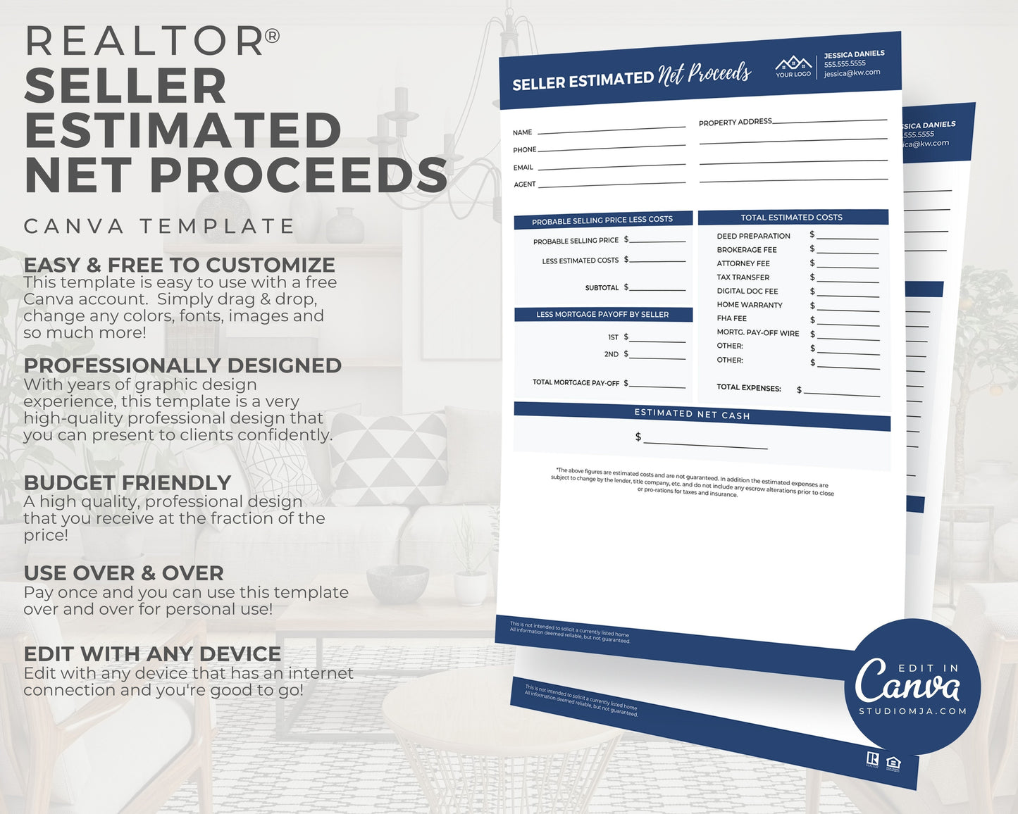estimated net proceeds canva template for real estate agents.  A mockup featuring a blue and white form with black text and gray colored boxes.   Probable selling price less costs, total estimated costs, less mortgage payoff by seller, estimated net cash.