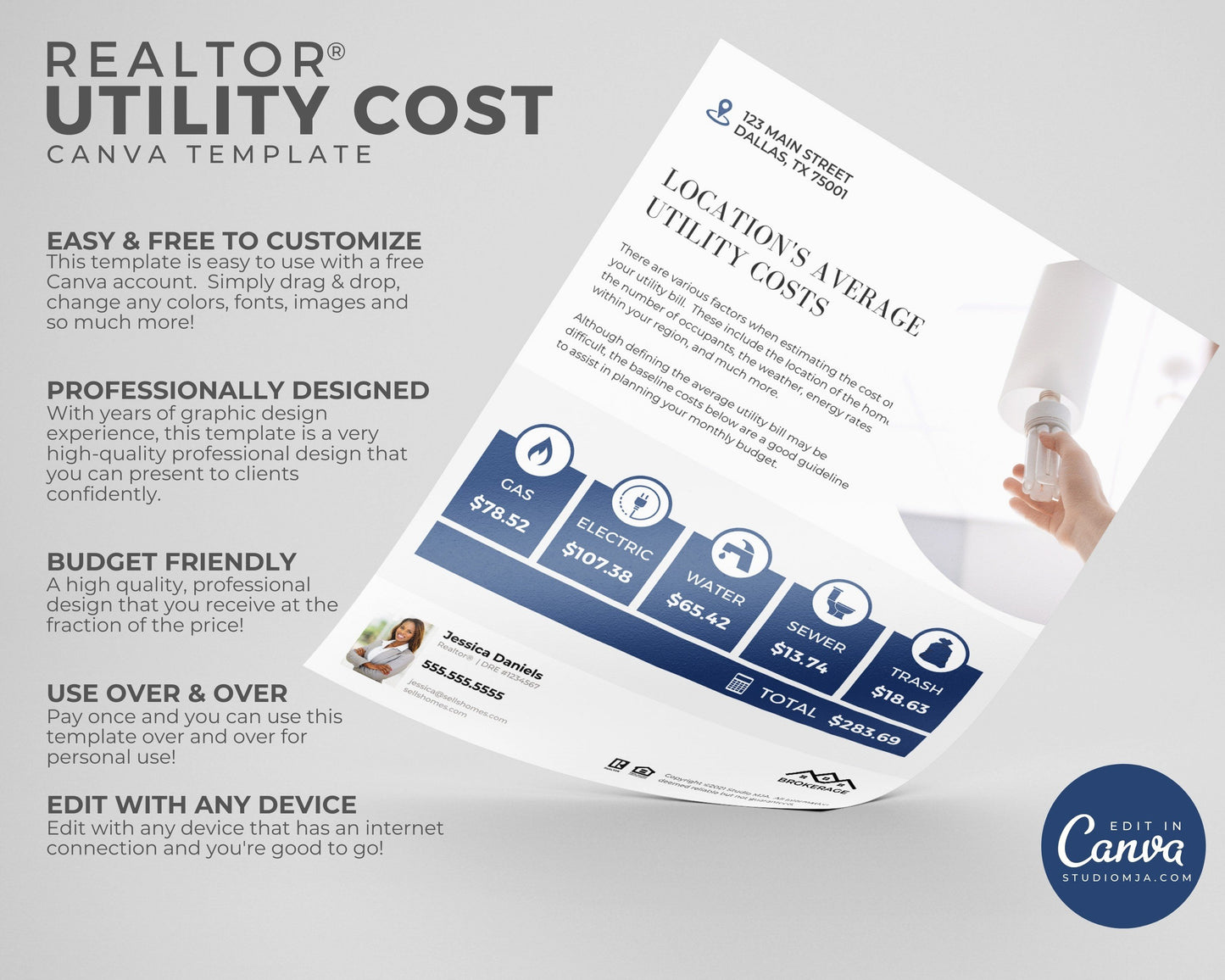 utility cost mockup template in white and blue, picture of lightbulb, with realtor logo and realtor photo